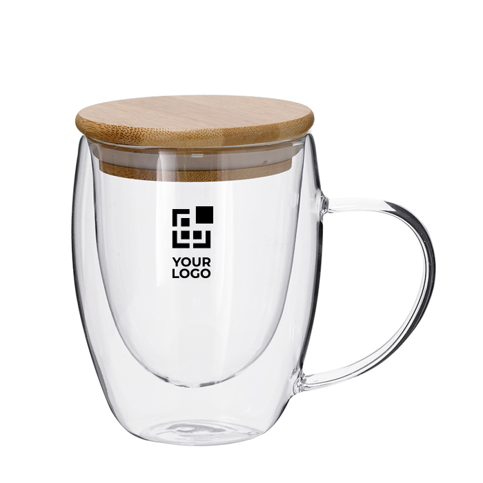 Taza de vidrio de doble pared con asa de vidrio y tapa de bambú 300ml Taza de vidrio de doble pared con asa de vidrio y tapa de bambú 300ml