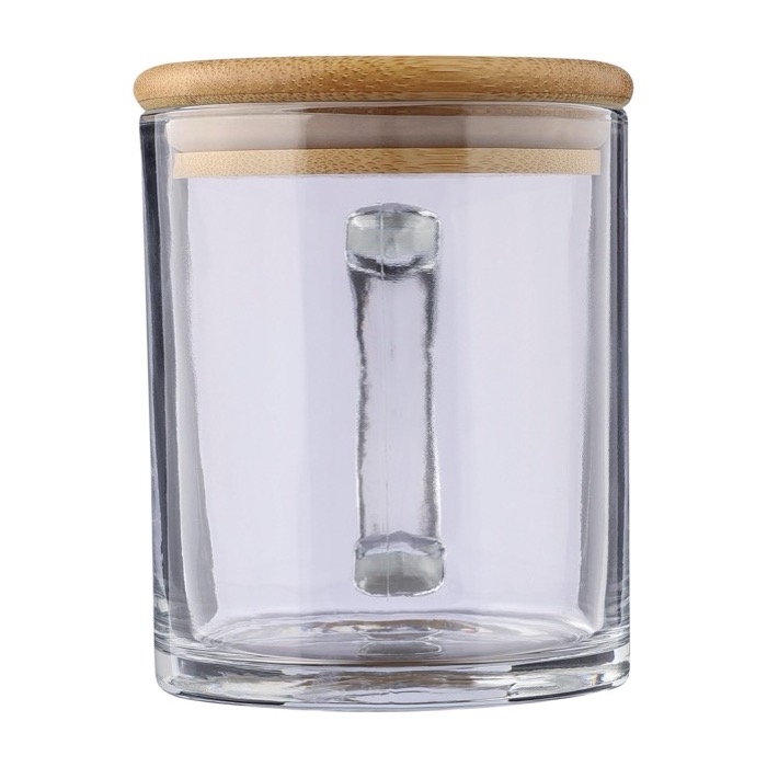 Tazas personalizadas de vidrio reciclado con tapa de bambú 300ml color transparente segunda vista Tazas personalizadas de vidrio reciclado con tapa de bambú 300ml color transparente segunda vista
