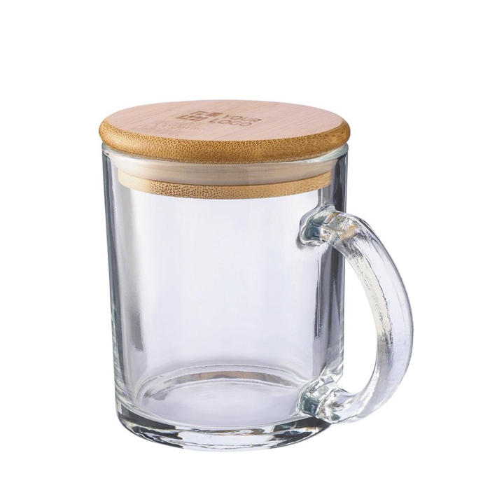 Tazas personalizadas de vidrio reciclado con tapa de bambú 300ml