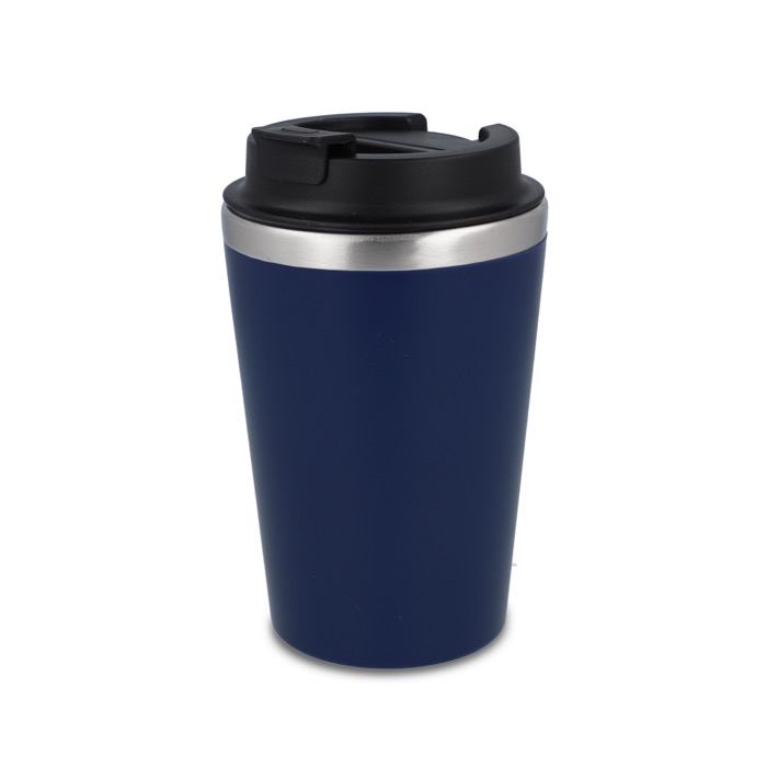 Vaso térmico de acero inoxidable de tapa negra y borde plateado 350ml color azul oscuro Vaso térmico de acero inoxidable de tapa negra y borde plateado 350ml color azul oscuro