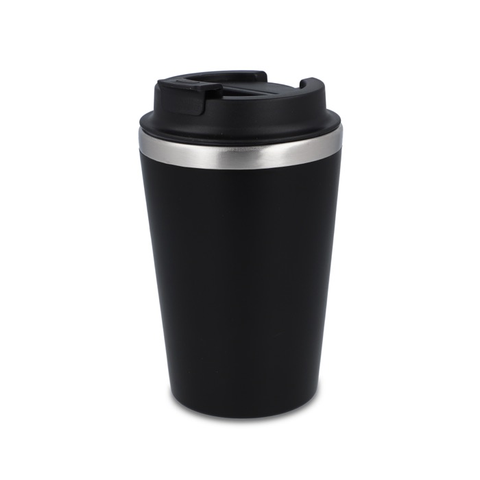 Vaso térmico de acero inoxidable de tapa negra y borde plateado 350ml color negro Vaso térmico de acero inoxidable de tapa negra y borde plateado 350ml color negro