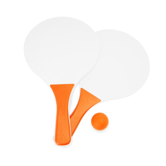 Set de tenis para playa con 2 raquetas de madera y 1 bola color naranja segunda vista Set de tenis para playa con 2 raquetas de madera y 1 bola color naranja segunda vista