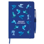 Libreta con bolígrafo, banda elástica de cierrer y A5 hojas a rayas Hemming color azul tercera vista principal