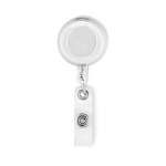 Clip de identificador de ferias publicitario con clip metálico Flex color blanco transparente