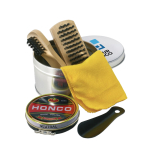 Set limpia calzado para regalar en caja de aluminio Loafers color plateado brillante vista de impresión