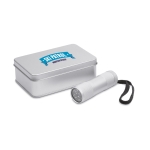 Linterna serigrafiada para publicidad en caja de metal LightBeam color plateado mate vista principal segunda vista