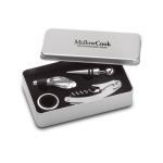 Set de vino publicitario en caja de metal con 4 utensilios Albarino color plateado mate vista principal