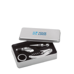 Set de vino publicitario en caja de metal con 4 utensilios Albarino vista de impresión