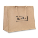 Bolsa de yute personalizada con interior laminado y asas cortas Jute Shop color beige tercera vista principal