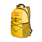 Mochila de viaje con bolsillos de red y asas acolchadas color amarillo imagen con logo