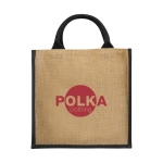 Bolsa de tote de yute con asas de cordón de algodón Jute Side color negro segunda vista impresión serigrafía