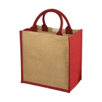 Bolsa de tote de yute con asas de cordón de algodón Jute Side color rojo