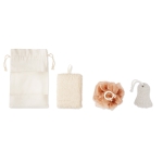 Set de baño con esponja, piedra para peeling y puff en bolsa Bathtime color beige tercera vista