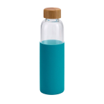 Botella de cristal y tapón de bambú con funda de silicona 600ml color azul claro