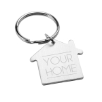 Llavero personalizado barato metálico con forma de casa color plateado mate imagen con logo