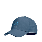 Gorra de béisbol de cáñamo personalizable de 5 paneles color azul vista de impresión