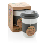 Taza takeaway biodegradable apta para lavavajillas de 350ml Latte color gris vista con caja
