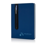 Cuaderno de PU con bolígrafo táctil A5 hojas a rayas Storing color azul real vista con logo