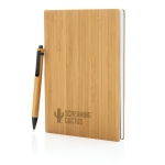 Libreta sostenible de bambú con bolígrafo A5 hojas a rayas EcoBamboo color marrón vista con logo