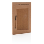 Libreta sostenible de bambú con bolígrafo A5 hojas a rayas EcoBamboo color marrón segunda vista con caja