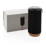 Altavoces promocionales con tela impermeable y base de corcho EcoCork color negro vista con caja