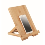 Soporte con logo grabado plegable para tablet o móvil en bambú Bamboo color madera tercera vista