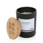 Vela perfumada de aroma sutil con tapa de bambú y logotipo Jasmine vista de impresión