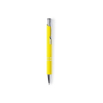 Bolígrafo personalizado de metal con caucho y tinta azul color amarillo primera vista