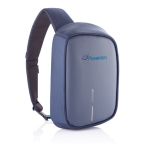 Mochila antirrobo con USB y RFID y puerto USB Bobby Sling color azul marino vista con logo