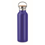 Botella térmica de acero con tapa de bambú y asa 750ml color azul