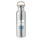 Botella térmica de acero con tapa de bambú y asa 750ml color plateado mate vista de impresión