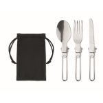 Set de 3 cubiertos promocionales de acero plegables en bolsa Camping color negro