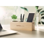 Soporte para bolígrafo y teléfono de madera con semillas Wood color madera vista bodegón principal