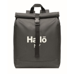 Original mochila publicitaria de poliéster con cierre Roll Top RPET color negro vista principal cuarta vista