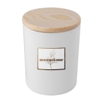 Vela de cristal pintado con tapa de bambú para empresas Levanti color blanco imagen con logo