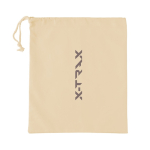 Juego de 9 bolos de madera de pino presentado en bolsa de algodón color marrón vista con logo