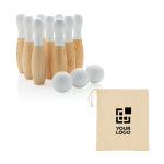 Juego de 9 bolos de madera de pino presentado en bolsa de algodón color marrón vista de impresión