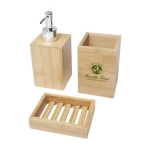 Kit de tres accesorios de bambú para baño con logotipo Bamboo color natural vista impresión tampografía