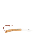 Navaja plegable de acero con mango de bambú con cordón Knife color madera vista de impresión