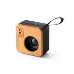 Altavoz de ABS reciclado y bambú de tamaño pequeño y asa BiSquare color negro imagen con logo