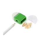 Goma de borrar con sacapuntas y capuchón a cada lado y centro de color color verde tercera vista
