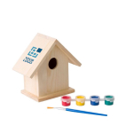 Casa de pájaros de madera para pintar con acuarelas y pincel Birdhouse color marrón vista de impresión