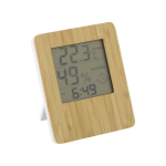 Estación meteorológica y reloj de bambú con soporte plegable color madera cuarta vista