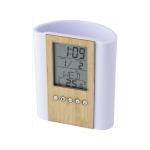 Portalápices de bambú con reloj multifuncional con logotipo de empresa color madera sexta vista