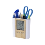 Portalápices de bambú con reloj multifuncional con logotipo de empresa color madera séptima vista