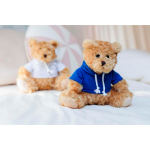 Osito de peluche de poliéster suave con sudadera y ojos bordados color azul cuarta vista