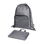 Bolsa tipo saco de RPET con cuerdas plegable y bolsillo frontal color gris cuarta vista