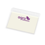 Identificador horizontal plástico con agujeros de mosquetón 11x9cm color transparente imagen con logo