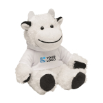 Peluches corporativos de vaca con sudadera personalizable con logo Kiri color blanco vista de impresión