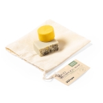 Set de jabón y champú sólidos veganos en bolsa de algodón color beige primera vista